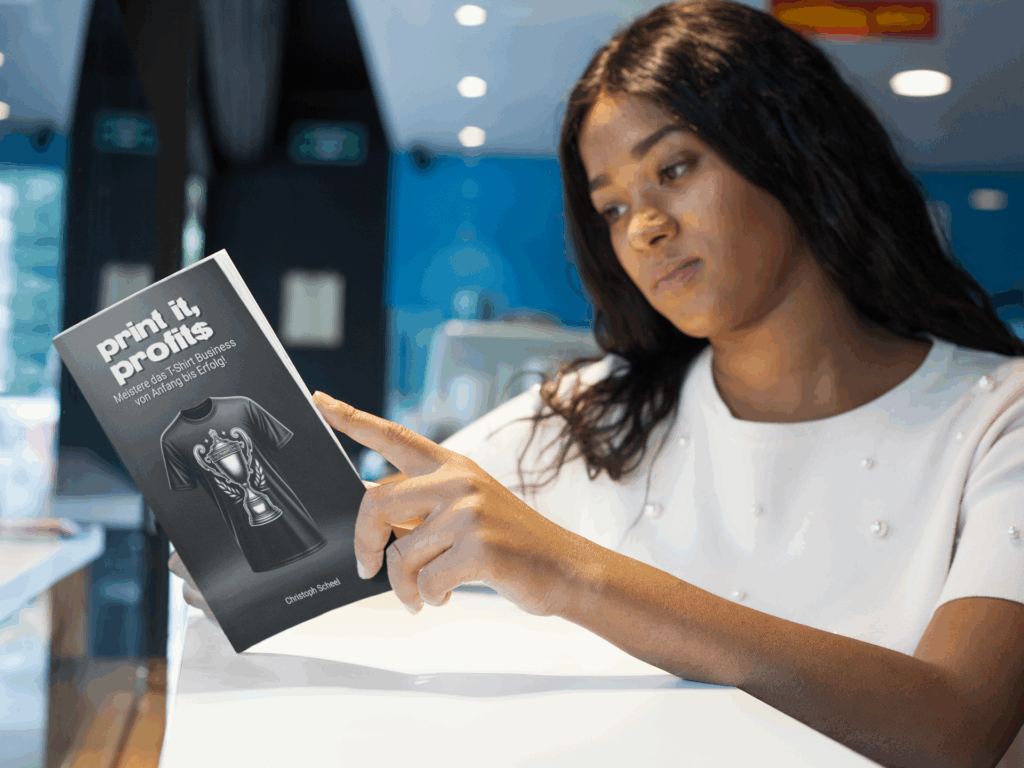 Frau liest ein Buch "Print it, profits"